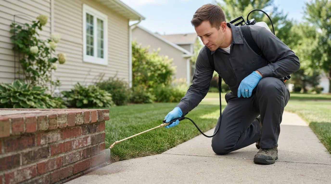 Pest control technician treating a home near Sarahsville, OH