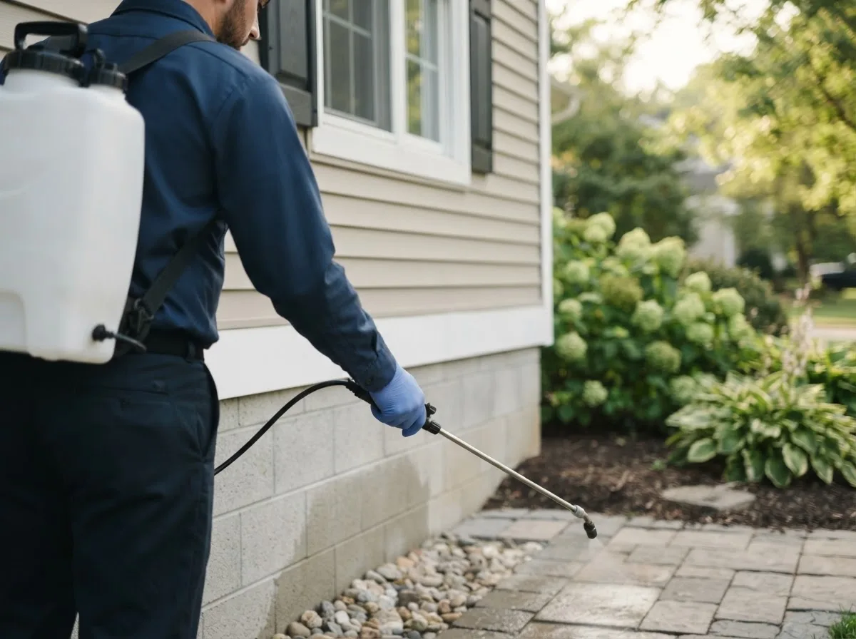 Pest control technician inspecting a home in Sarahsville, OH